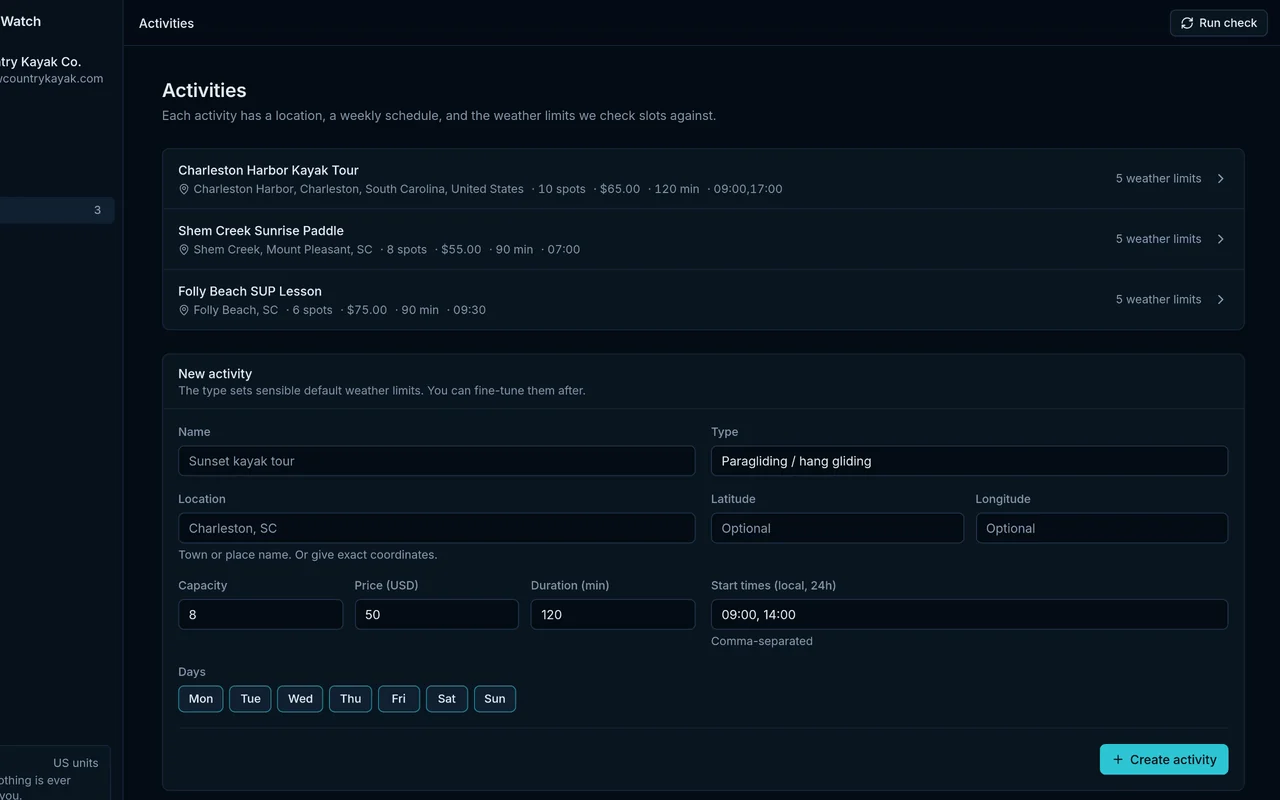 Weather Watch product demo: lower an activity's wind limit to 12 mph, see a slot turn At risk when a front moves in, and reply 2 to a text alert to notify the guests.